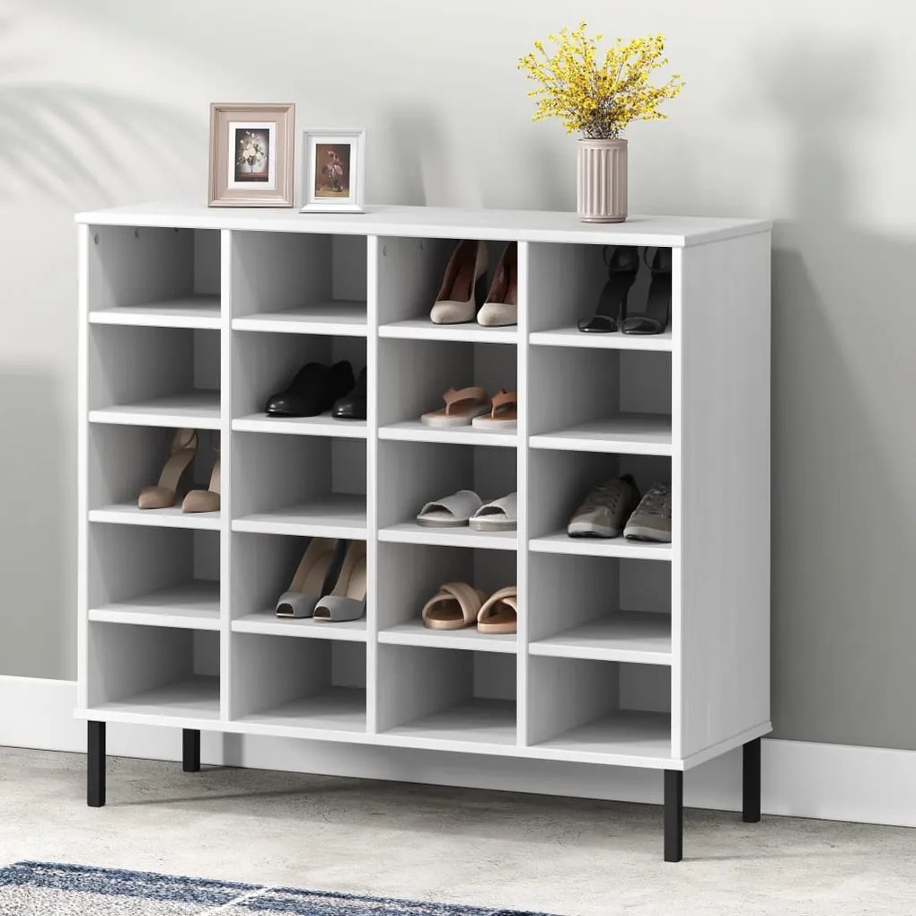 vidaXL Sapateira + pernas metal 95x35x86 cm madeira maciça OSLO branco
