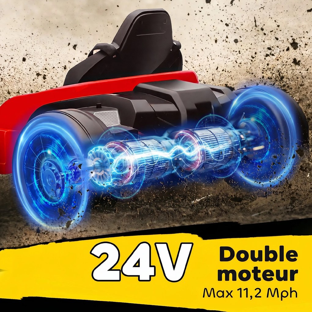 Kart elétrico para crianças de 24 V, Go Kart, motor de 2 x 150 W, modo drift, assento ajustável, arranque progressivo, vermelho