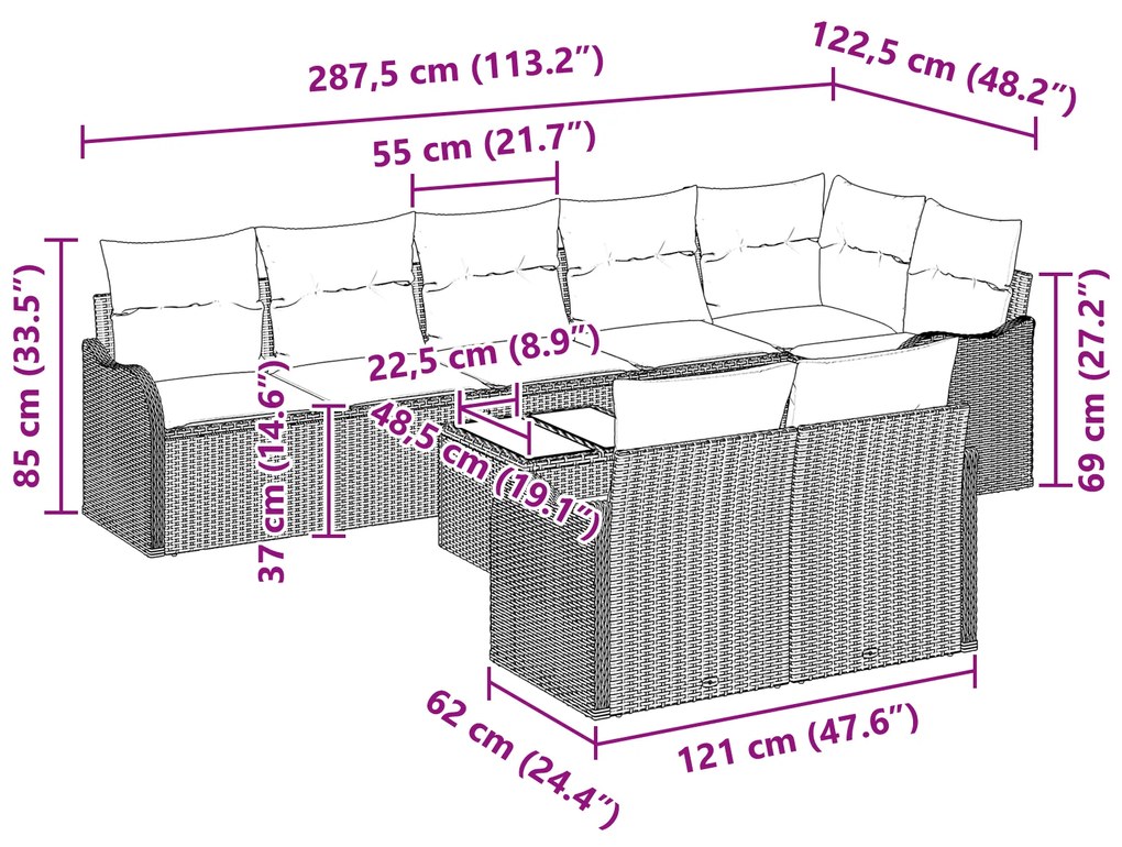 Conjunto de Sofá de Jardim de 8 Peças com Almofadas Cinzas de Rattan