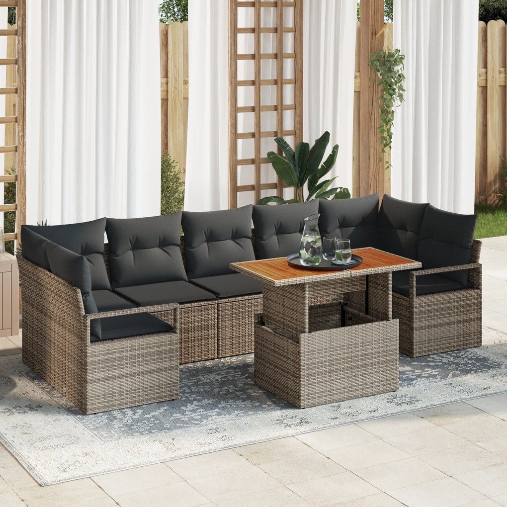 Conjunto de Sofá de Jardim vidaXL 8 Peças com Almofadas Cinza Rattan P
