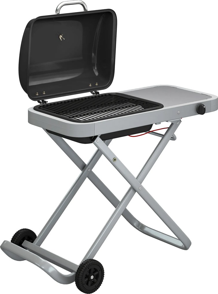 Outsunny Grelhador a Gás Dobrável com Queimador 2,5 kW Tampa Termómetro Mesa Lateral e 2 Rodas Grelha Coletor de Gordura Preto | Aosom Portugal