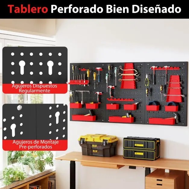 Organizador de parede ferramentas (Não incluidas) 120 x 60 x 2 cm com painel perfurado com 9 recipientes Suportes para martelos Preto e vermelho