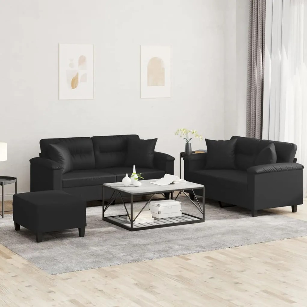 3 pcs conjunto de sofás com almofadas couro artificial preto