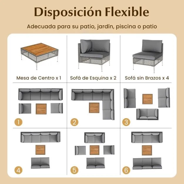 Conjunto de jardim de 7 peças em rattan PE com mesa em madeira de acácia, almofadas removíveis e pés ajustáveis em metal cinzento