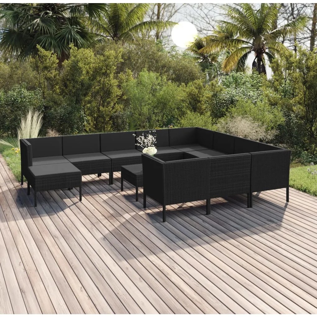 vidaXL 12 pcs conjunto lounge de jardim c/ almofadões vime PE preto