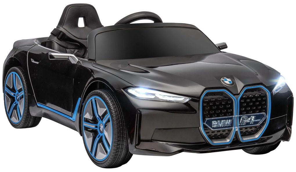 HOMCOM Carro Elétrico para Crianças BMW i4 12V com Controlo Remoto Música MP3 Ecrã Luzes e Cinto de Segurança 115x67x45 cm Preto