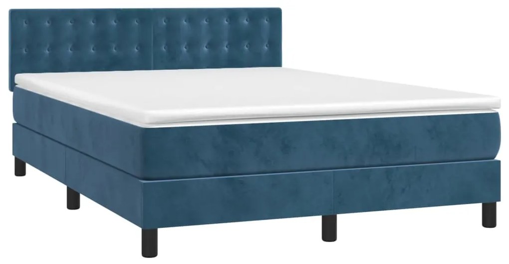 Cama box spring c/ colchão/LED 140x190 cm veludo azul-escuro