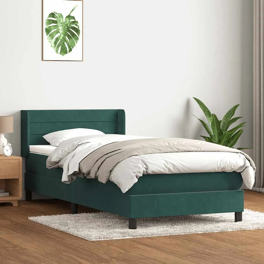 vidaXL Cama com molas/colchão 100x210 cm veludo verde-escuro
