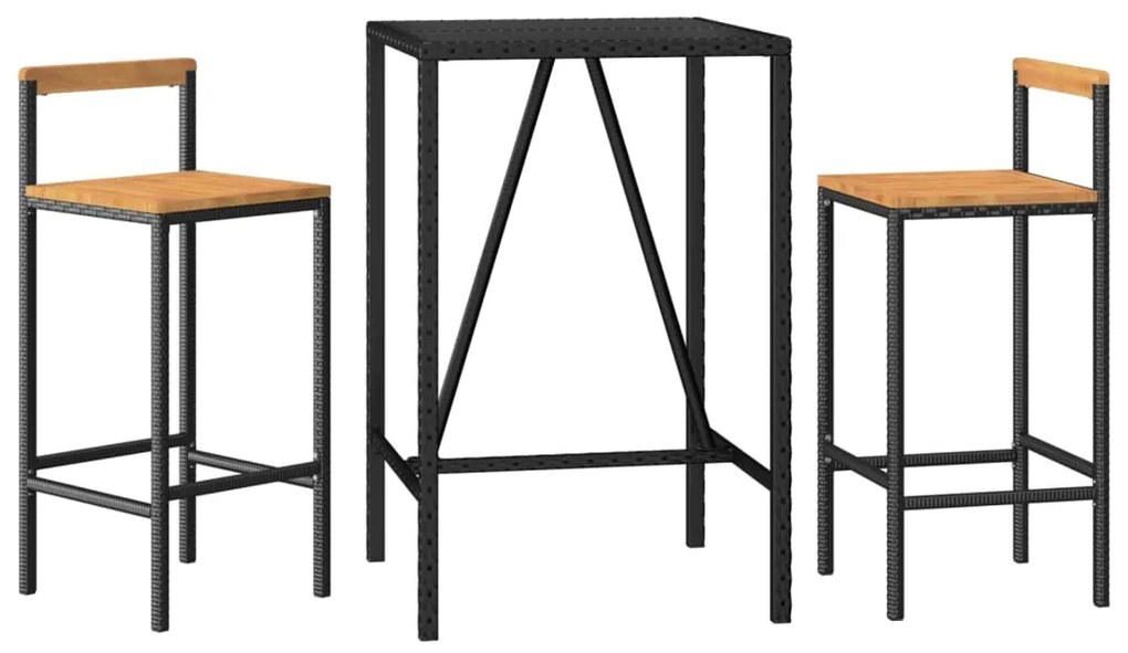 3 pcs conjunto de bar p/ jardim vime PE/acácia maciça preto