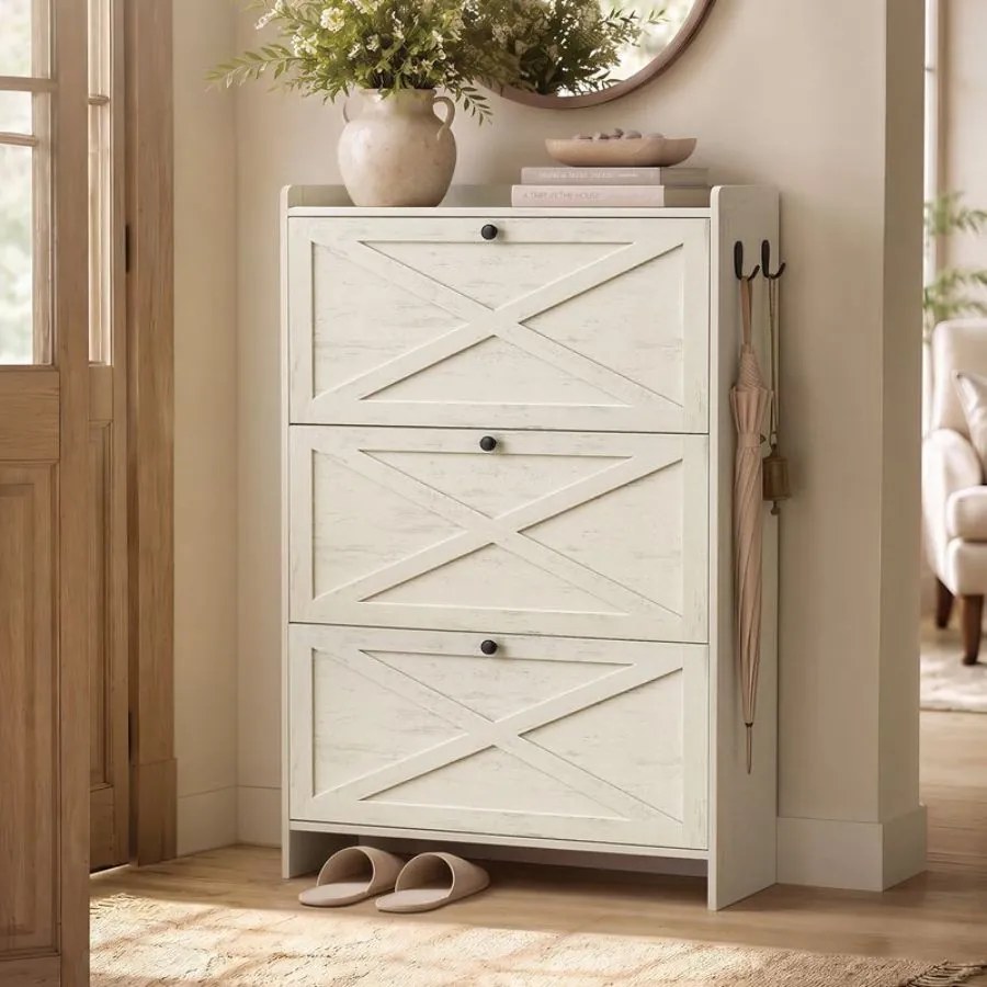 Sapateira com 3 portas para 24 pares de sapatos 83 x 24 x 142,6 cm em branco rústico