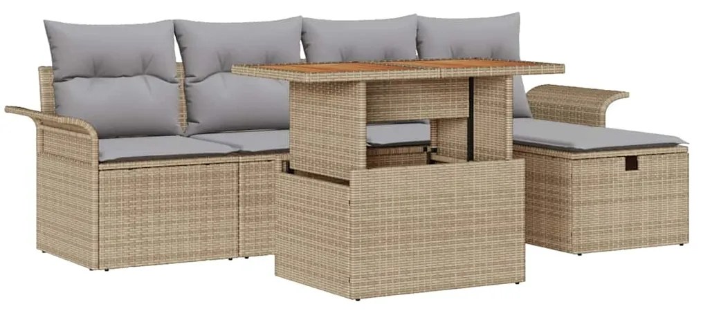 Conjunto de Sofá de Jardim de 6 Peças com Almofadas de Ratan Poly Bege