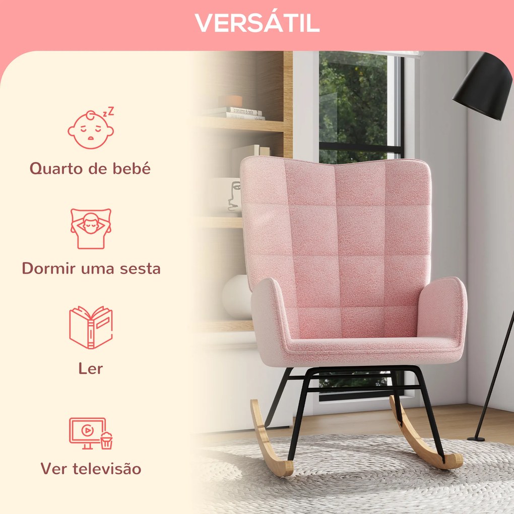 Cadeira Baloiço em Borrego com Oscilação de 40° Pés de Madeira de Faia e Estrutura de Aço 71x92x101 cm Rosa