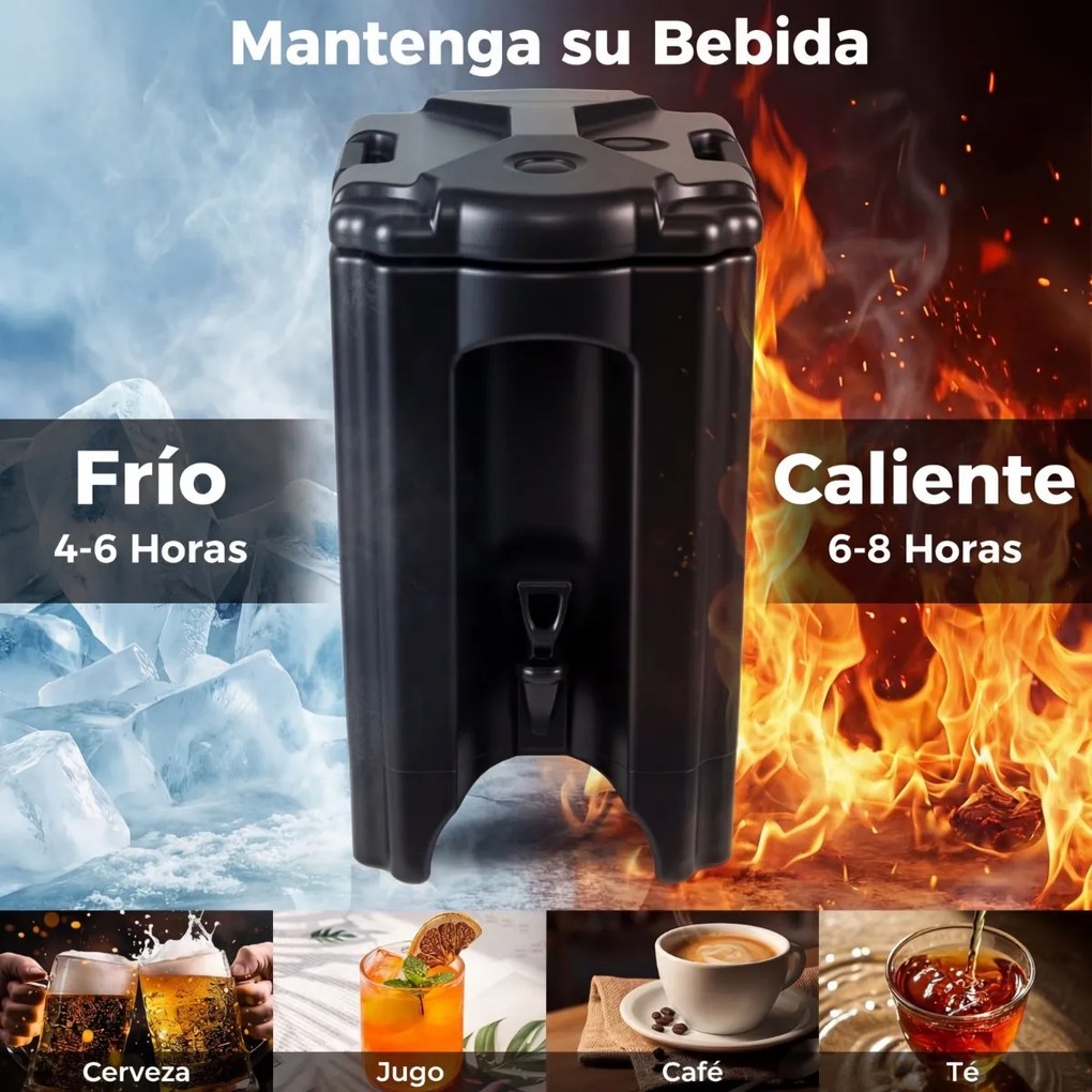 Dispensador bebidas térmico de 16,5 L com torneira antigotejamento e pega de transporte 46 x 30 x 51 cm para campismo, festas e catering Preto