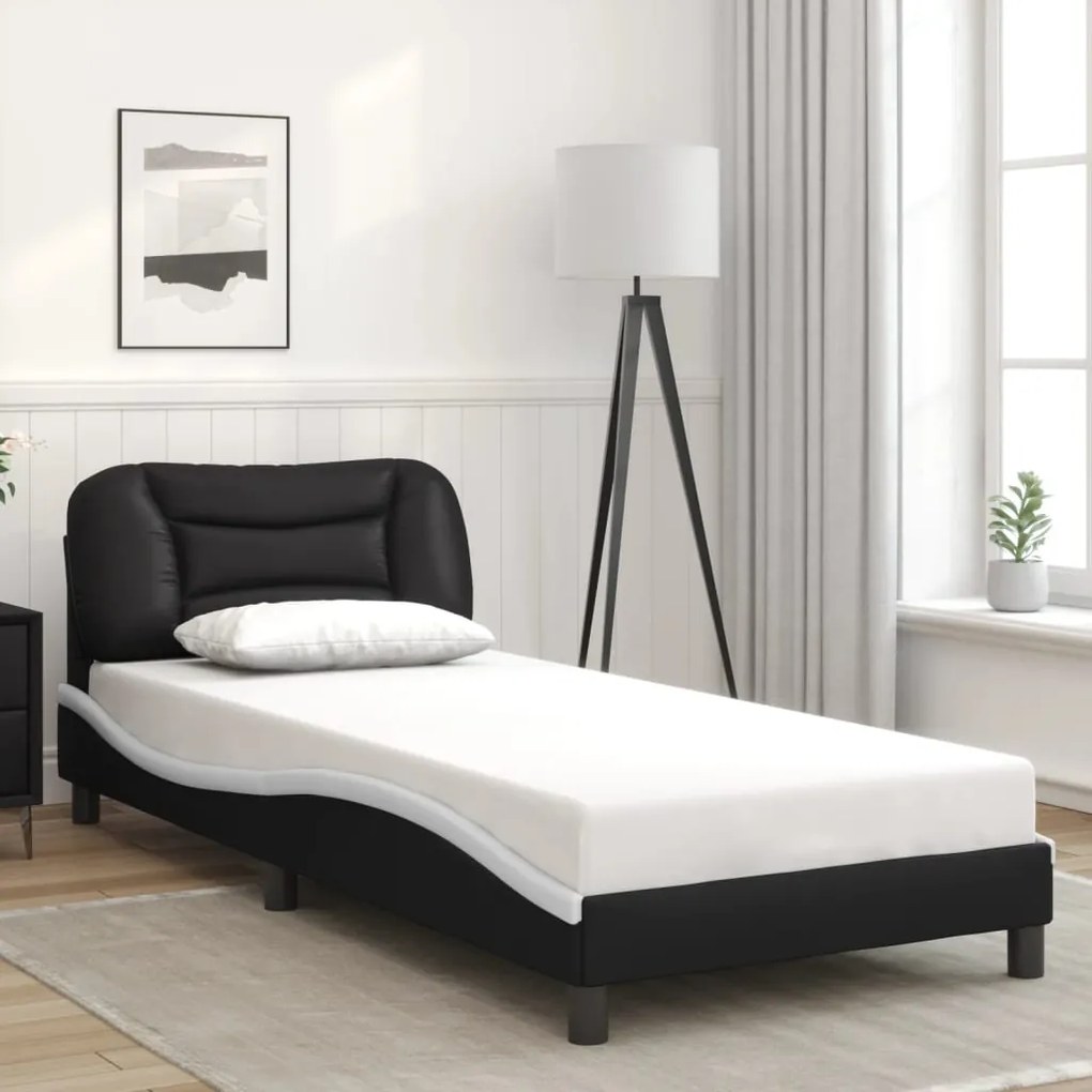 Estrutura cama c/ cabeceira couro artif. 80x200 cm preto/branco