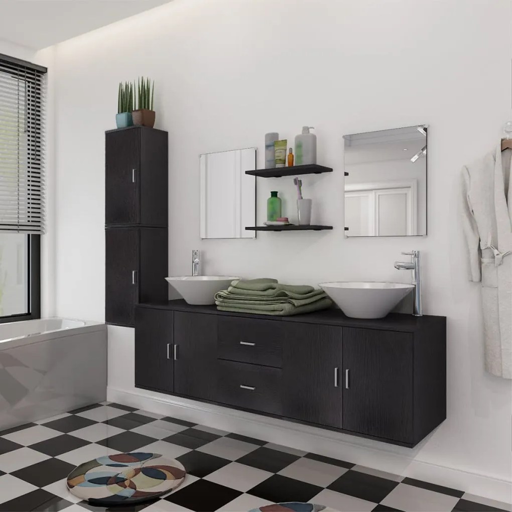 Móveis casa de banho 9 pçs e conjunto de bacia, preto