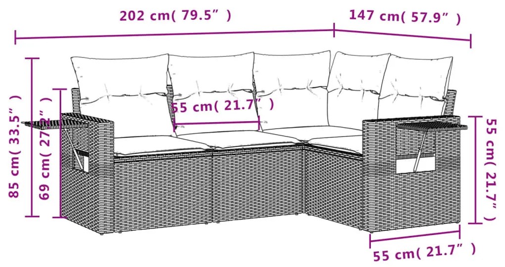 4 pcs conjunto de sofás para jardim c/ almofadões vime PE bege