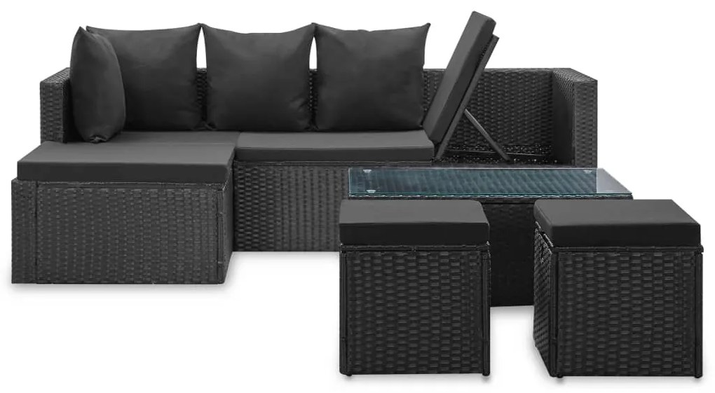 4 pcs conjunto lounge de jardim c/ almofadões vime PE preto