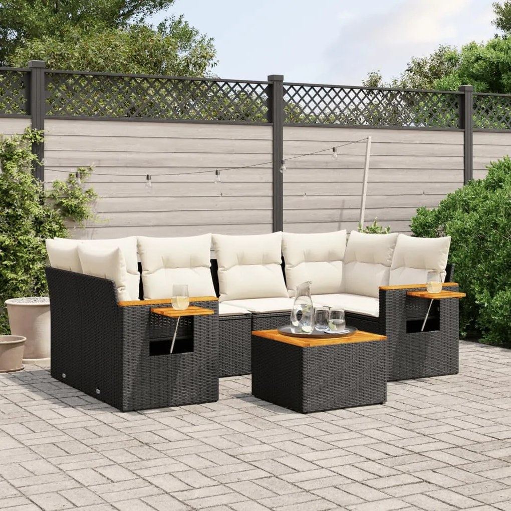 7 pcs conjunto de sofás p/ jardim c/ almofadões vime PE preto