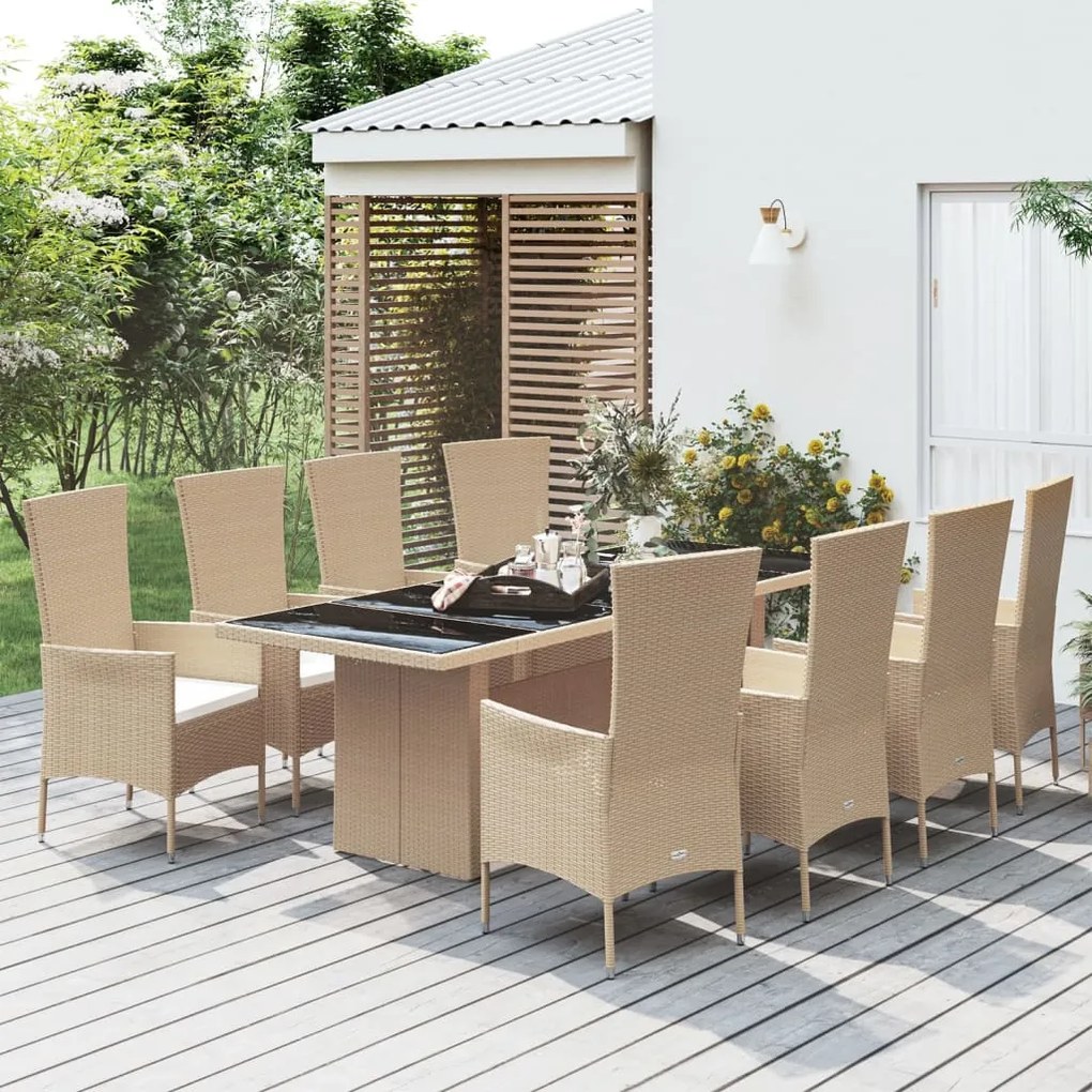 vidaXL 9 pcs conjunto de jantar p/ jardim com almofadões vime PE bege