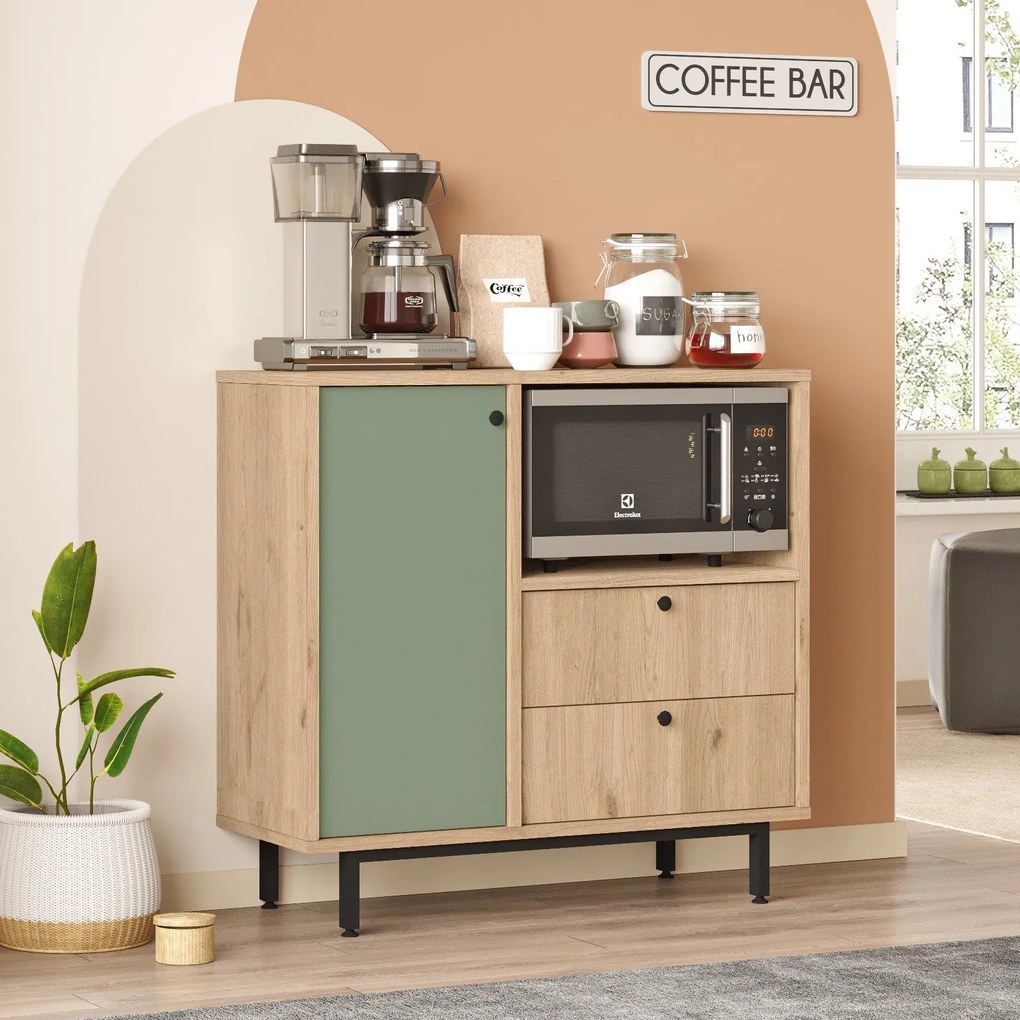 Aparador de cozinha "Toledo" - Carvalho e Verde - 88x85x35.5cm - Desig