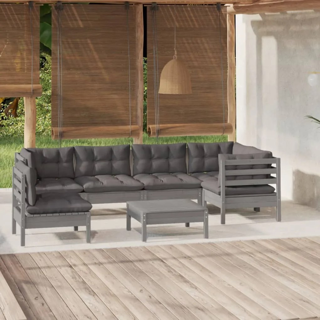 7 pcs conjunto lounge de jardim c/ almofadões pinho cinza