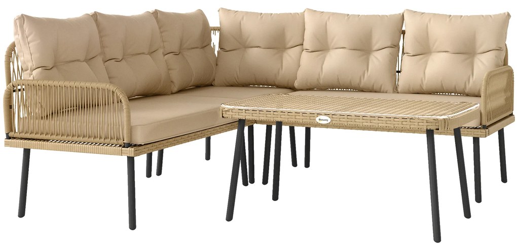 Outsunny Conjunto de Jardim de Vime Sintético de 4 Peças Inclui 2 Sofás de 2 Lugares 1 Canto de Sofá 1 Mesa de Centro Madeira e Bege