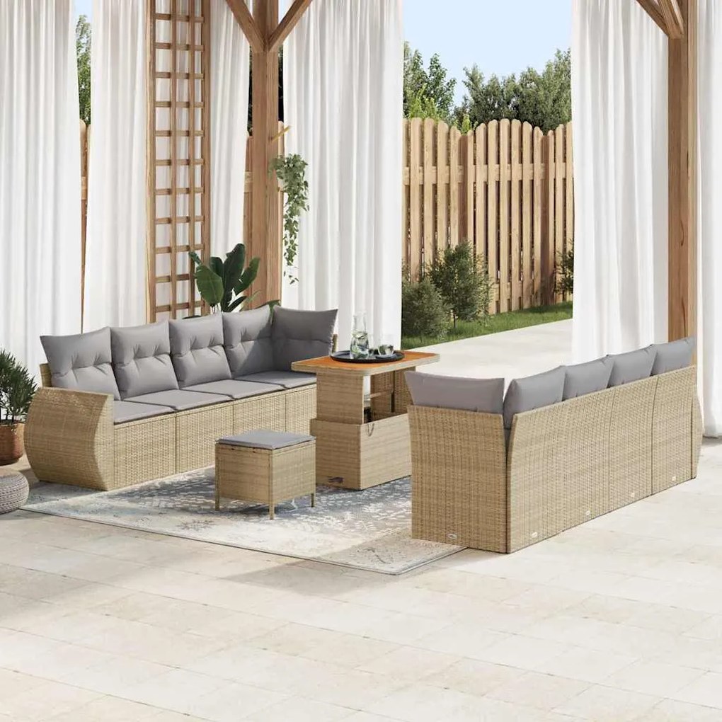 vidaXL Conjunto de Sofá de Jardim de 11 Peças com Almofadas Bege em Rattan Sintético e Acácia