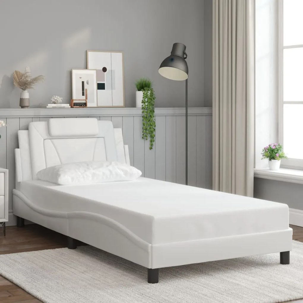 Estrutura cama c/ cabeceira 100x200 cm couro artificial branco