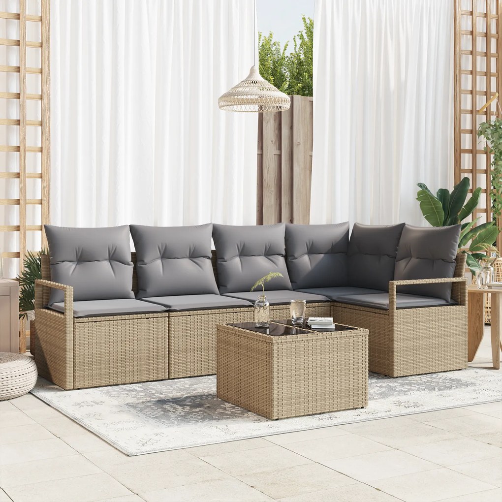Conjunto de Sofá de Jardim de 6 Peças com Almofadas Preto Rattan Polim