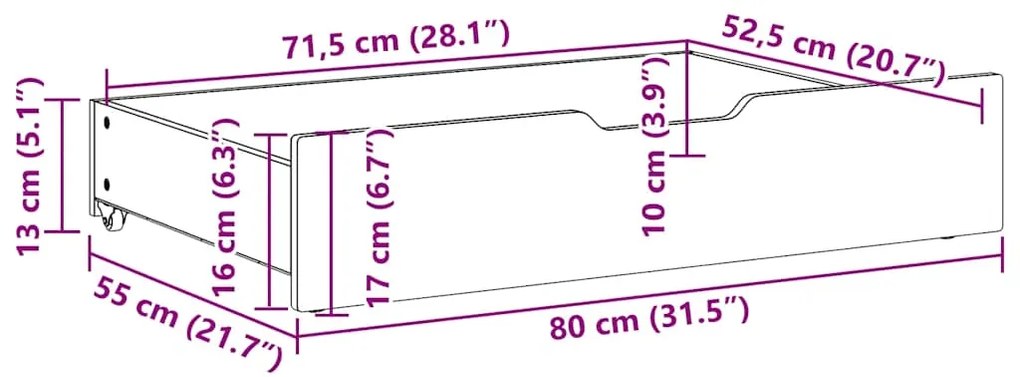 Gavetas para cama com rodas 2 pcs 80x55x17 cm pinho maciço