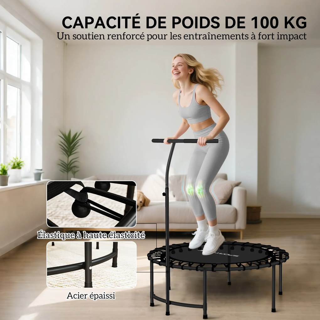 Trampolim de fitness com cordas elásticas, pega ajustável em 5 posições, capacidade de 100 kg, aço, Ø102x132 cm, preto
