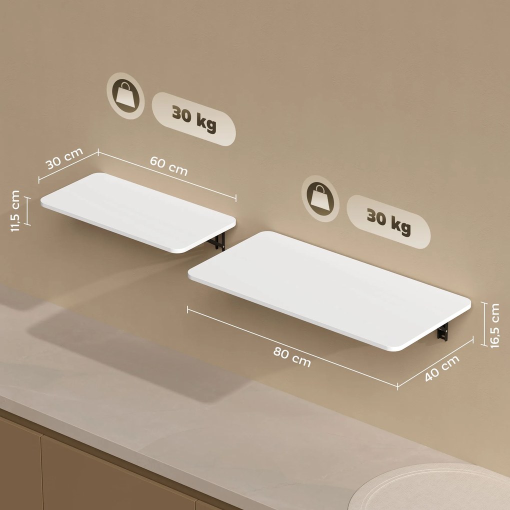 Conjunto de 2 mesas dobráveis de parede, mesa de parede rebatível em madeira, para cozinha, sala de jantar, escritório, branco brilhante
