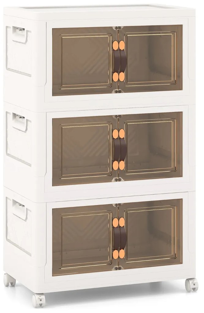 Conjunto de 3 caixas arrumação empilháveis com portas de rodas com fecho e tampas dobráveis em PP para o quarto 49,5 x 31,5 x 86 cm  Branco