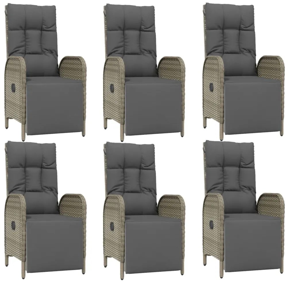 7 pcs conjunto de jantar p/ jardim c/ almofadões vime PE cinza