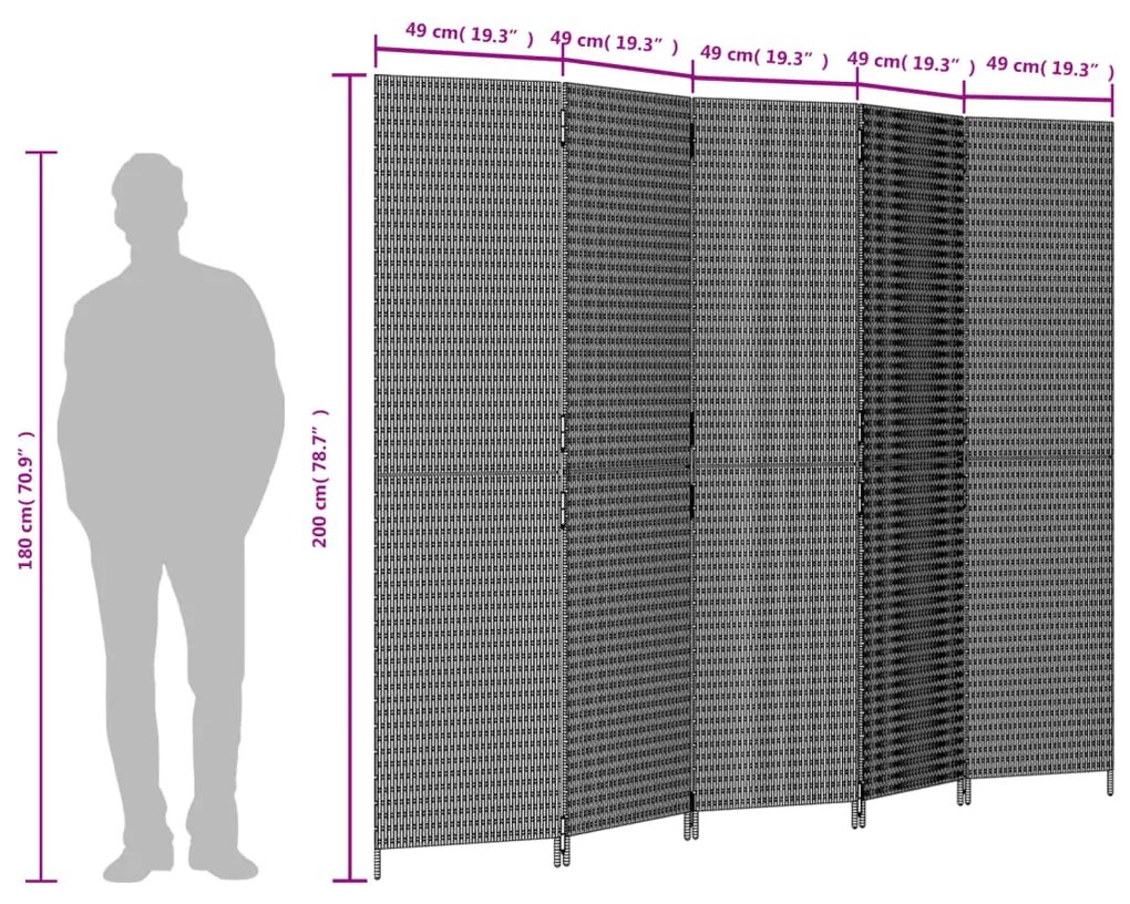 Biombo de divisão 5 painéis vime PE preto