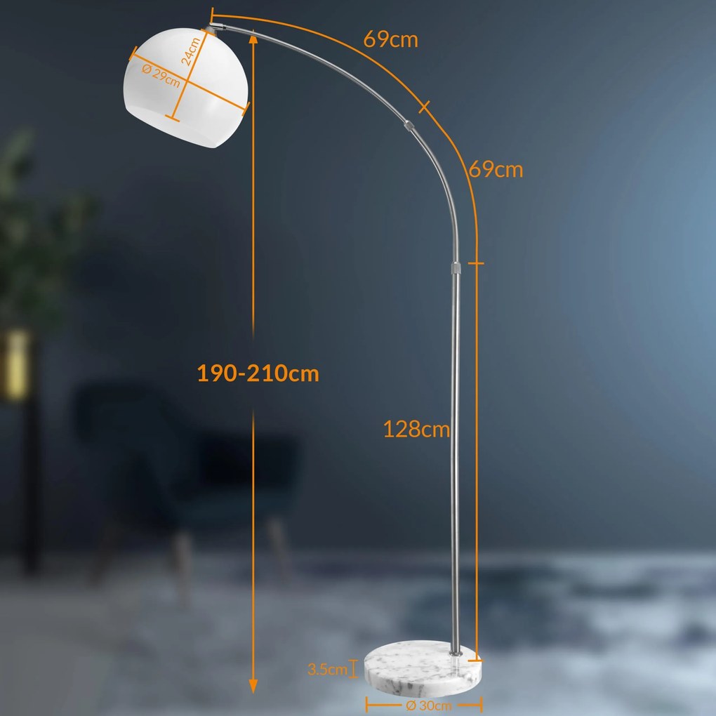 Candeeiro em arco de design 190-200 cm ajustável prateado/branco opalino