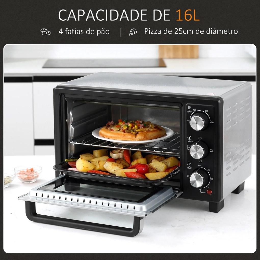 HOMCOM Mini Forno 16L com 3 Modos de Aquecimento Temperatura até 230°C