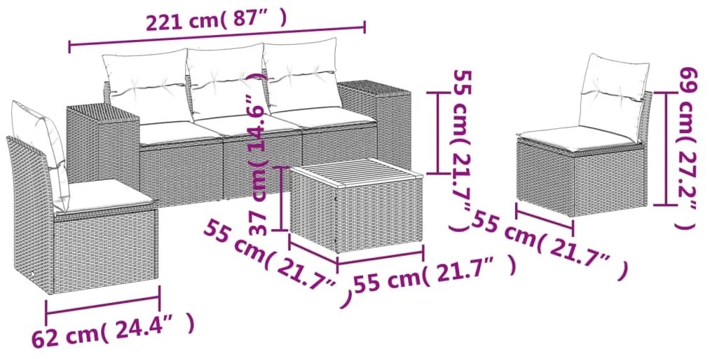 6 pcs conjunto sofás de jardim com almofadões vime cinzento