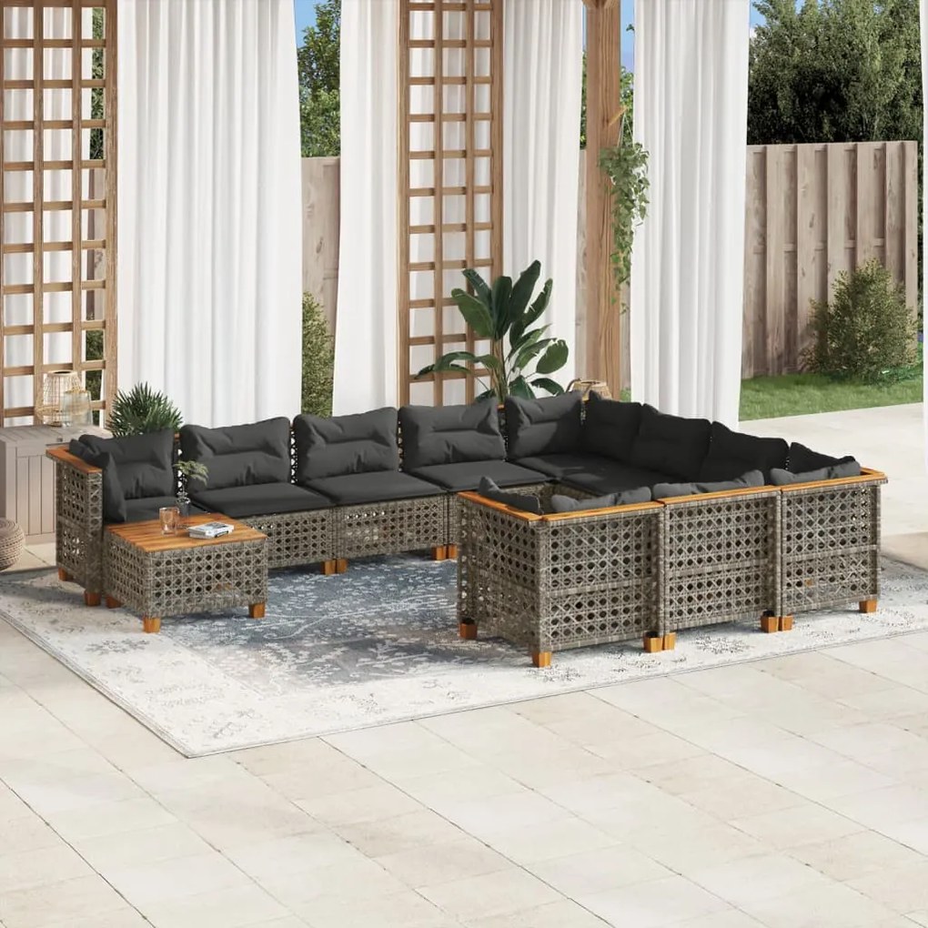 11 pcs conjunto sofás de jardim c/ almofadões vime PE cinzento