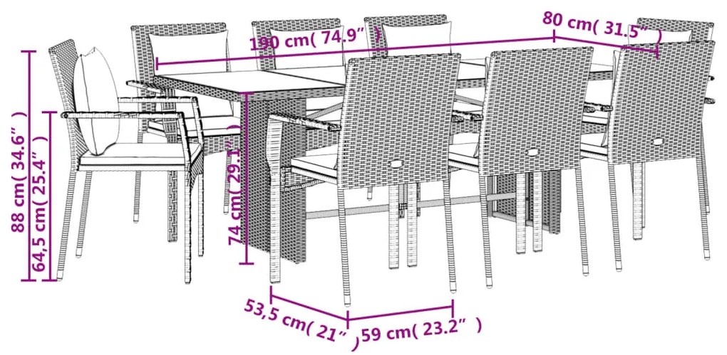 9 pcs conjunto de jantar p/ jardim c/ almofadões vime PE cinza