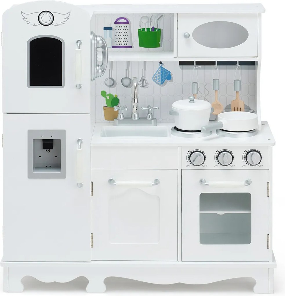 Cozinha de brincar para crianças em madeira com acessórios Telefone, lava-loiça, forno, frigorífico, refrigerador, dispensador de água, luz e som Bran