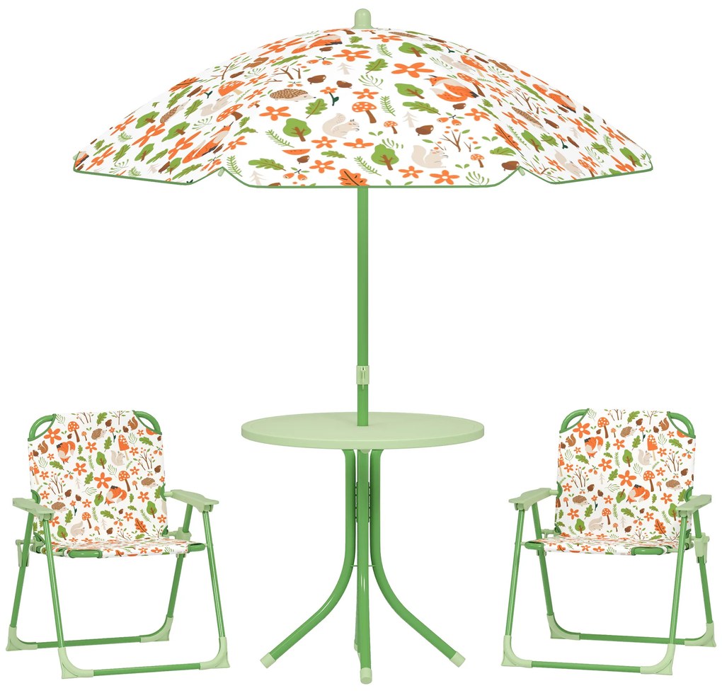 AIYAPLAY Conjunto de Mesa e Cadeiras para Crianças de Jardim com Cadeiras Dobráveis Chapéu de Sol Ajustável e Desenho de Raposas Verde