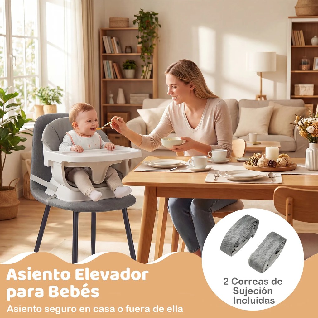 Cadeira de refeição evolutiva 9 em 1 com tabuleiro removível e lavável na máquina de lavar louça, pernas em madeira maciça, cinto de 5 pontos e almofa