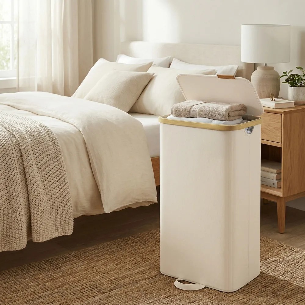 Cesto de roupa suja com tampa, 100L,  42 x 32 x 75 cm Branco Creme