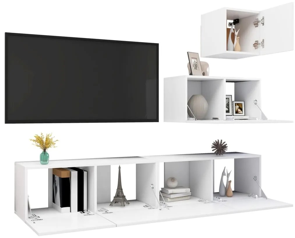 4 pcs conjunto de móveis de TV derivados de madeira branco