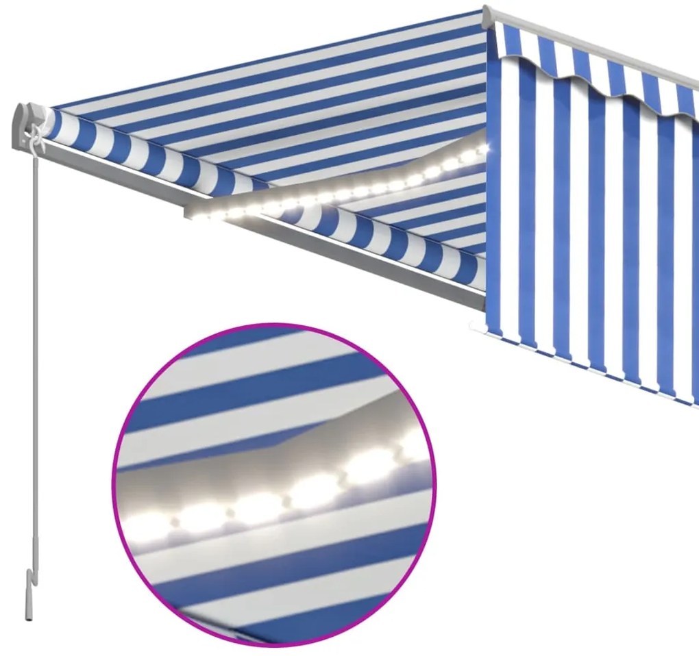 Toldo retrátil manual com estore/LED 4x3 m azul e branco