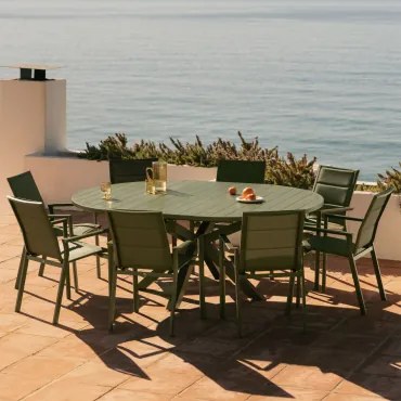 Conjunto De Mesa Extensível Barces 145-200x145 Cm E 8 Cadeiras De Jardim Empilháveis Com Apoios De Braços Em Alumínio Karena Verde Azeitona Intenso -