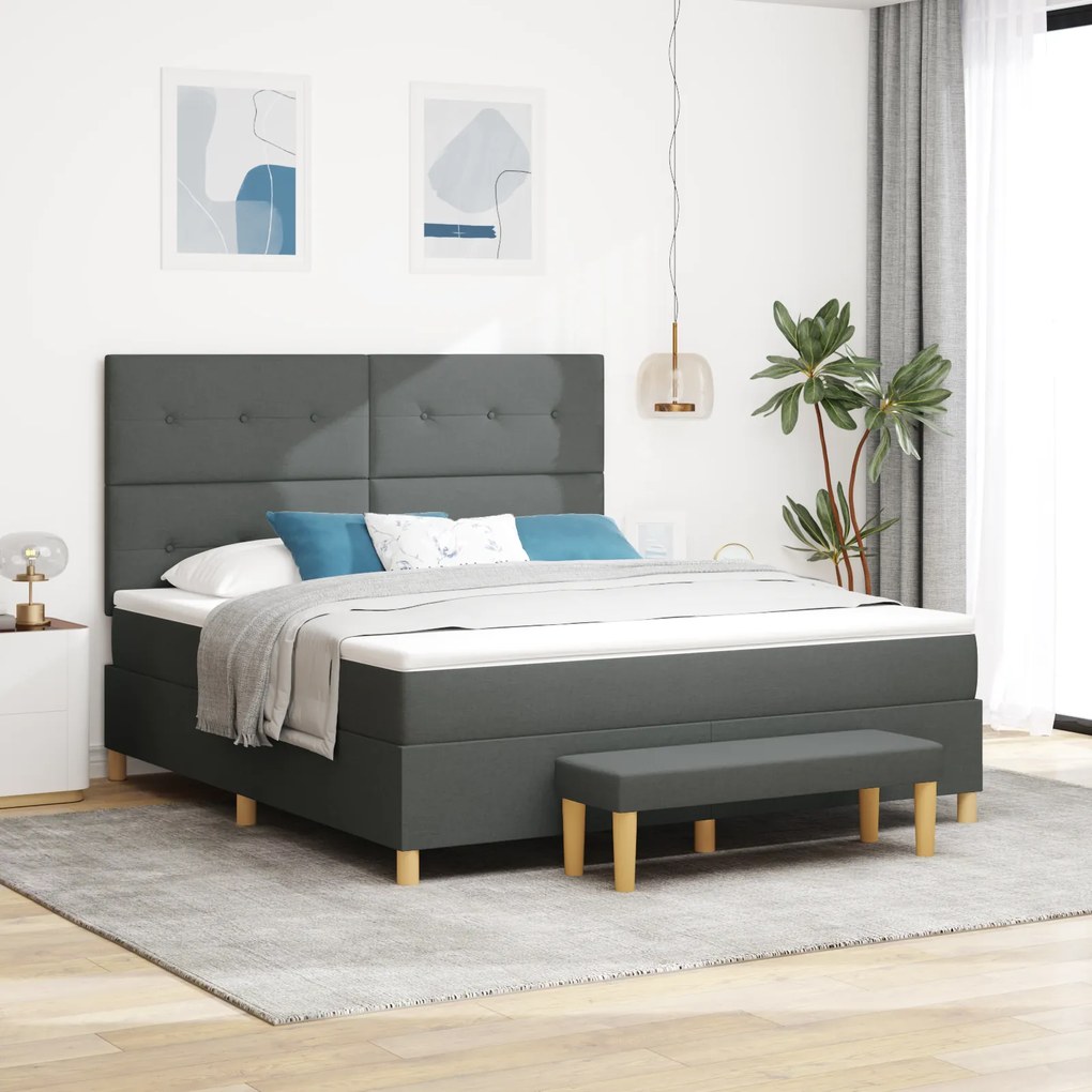 vidaXL Cama Box Spring com Colchão e Banco Cinza Escuro 180x200 cm Tecido