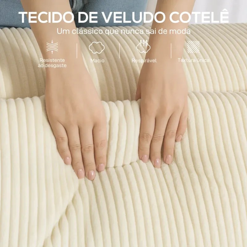 Sofá de 3 Lugares Sofá de Sala 202x90x76 cm Revestido em Veludo Cotelê Acolchoamento Espesso e 2 Almofadas Bege