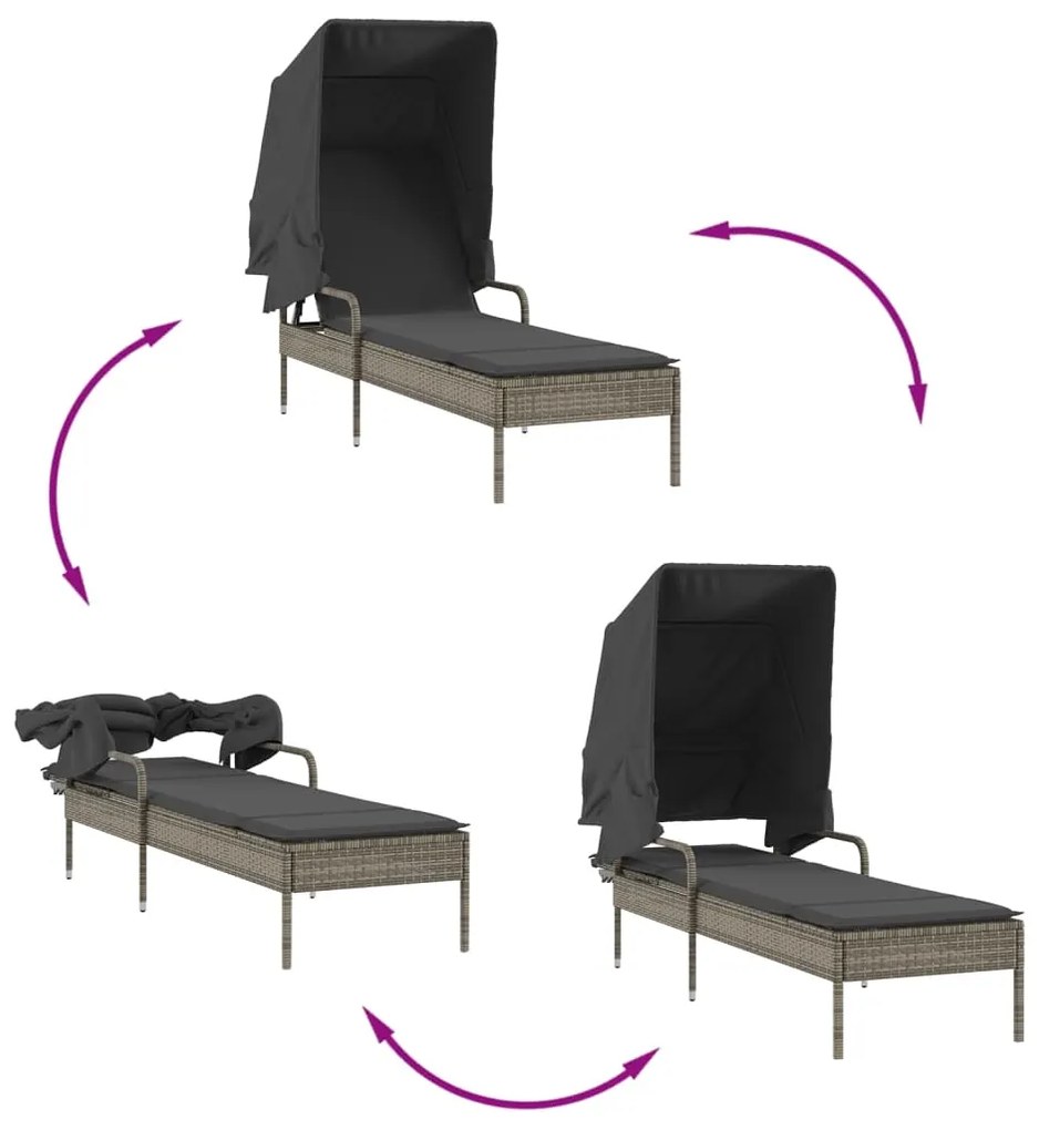 Espreguiçadeira com toldo e mesa vime PE cinzento